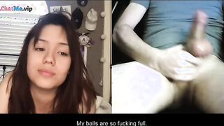 Horny brunette reaction to a stranger with huge cock