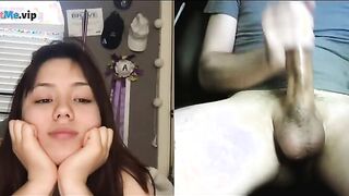 Horny brunette reaction to a stranger with huge cock