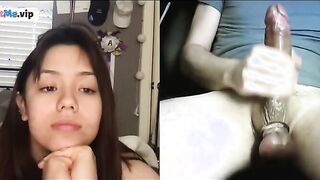 Horny brunette reaction to a stranger with huge cock