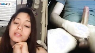 Horny brunette reaction to a stranger with huge cock