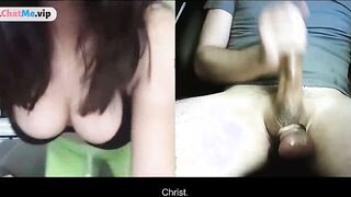 Horny brunette reaction to a stranger with huge cock