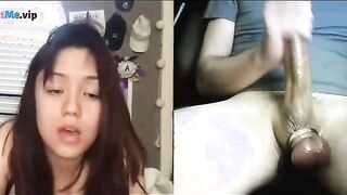Horny brunette reaction to a stranger with huge cock