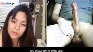 Horny brunette reaction to a stranger with huge cock
