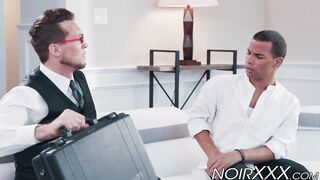 Handsome tall businessman anally fucks young hunky black gay