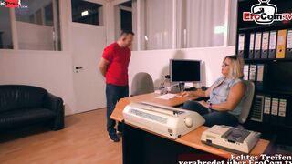 Older German skank with glasses fucks on the desk into the office