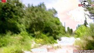 Black bimbo fucks outdoors with a white dick