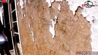 Black bimbo fucks outdoors with a white dick