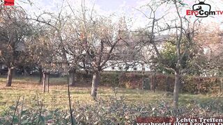Big Tit blonde German Housewife with a chubby belly fucks outdoors