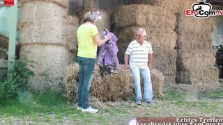 Big Tit blonde German Housewife with a chubby belly fucks outdoors