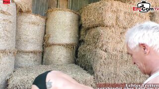 Big Tit blonde German Housewife with a chubby belly fucks outdoors