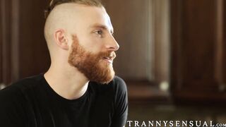 Bearded hunk receives a thick bareback probing from a tranny
