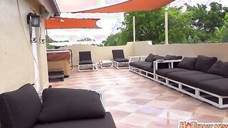 Ella Cruz is hanging out on her friend's nice rooftop sunbathing when the friend's dad