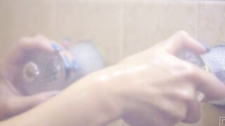 Showertime is always fun for Jean Michaels, who takes keeping her gigantic titted clean very
