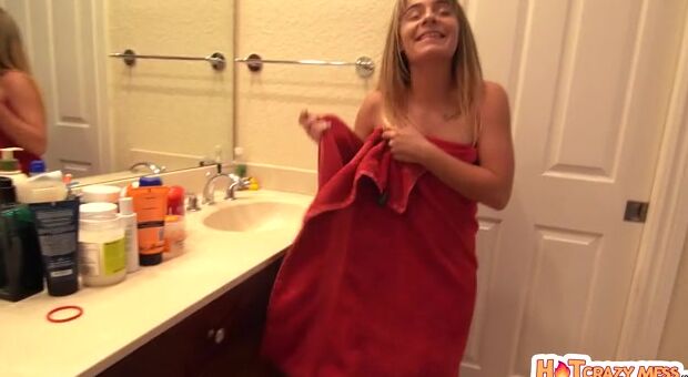 Always turned on Anna Mae doesn't know her stepdad is inside the bathroom jerking off when