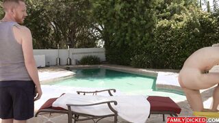 Massive dicks pounding slutty blonde boy by the pool!