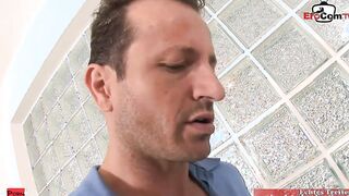 Blowbang with the dark haired cleaning lady with incredible sexy melons