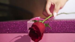 Erotic Latina sexy Veronica Rodriguez returns home from work to find a trail of rose petals leading to a gift