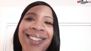 Black bimbos with natural melons fucks with a gigantic african dick