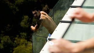 Smoking Beauty Vanessa Sixxx stares at the crazy hot see of her glass balcony and spies her man, Marco Rivera, on