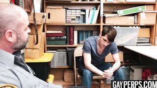 Sexy young thief sprays warm cum while being bareback fucked