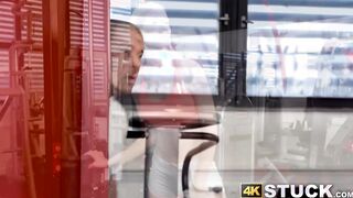Sporty blonde stuck in gym equipment pounded hard doggystyle