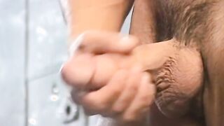Mature homo strokes his giant dick wildly before ejaculating
