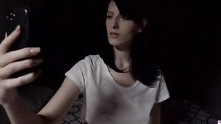 Horny cute student Alex Harper sends her boyfriend Brian Omally erotic pictures of her fair skinned boobs with their perky