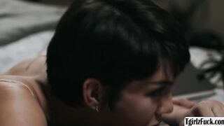 Transsexual sucks stepdads cock in bed