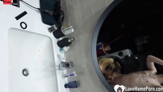After fucking in the restroom he cums on her melons