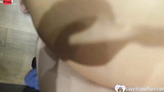After fucking in the restroom he cums on her melons