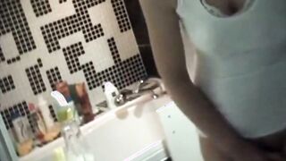 Spying on stepmom playing in front of the sink