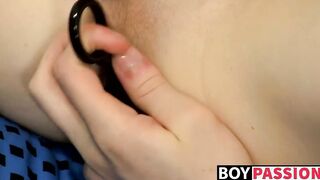 Innocent Elijah plays with a toy and cums right in his mouth