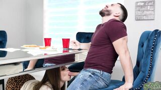 Josie sneakily sucked Peter's cock under the table