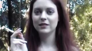 Redhead smoker tries out latex behind the scenes