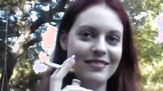 Redhead smoker tries out latex behind the scenes