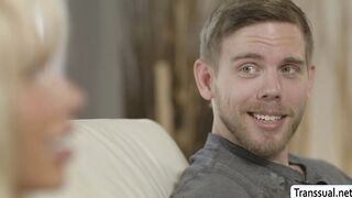 Huge tits TS gives blowjob advice to stepbro
