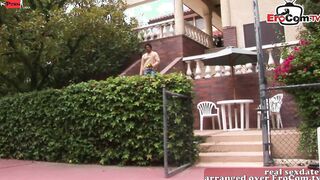 Public FFM 3 way on the tennis court with 2 slim teenage girls