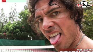 Public FFM 3 way on the tennis court with 2 slim teenage girls