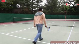 Public FFM 3 way on the tennis court with 2 slim teenage girls