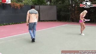 Public FFM 3 way on the tennis court with 2 slim teenage girls