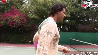 Public FFM 3 way on the tennis court with 2 slim teenage girls
