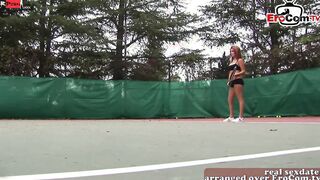 Public FFM 3 way on the tennis court with 2 slim teenage girls