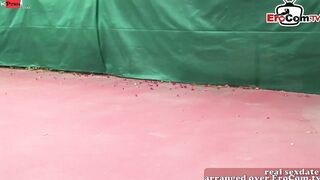 Public FFM 3 way on the tennis court with 2 slim teenage girls