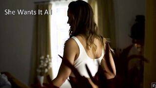 A crop top hugs Naomi Bennett's perky natural tits as she wanders the living room in boredom. When she can't