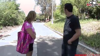 Mom with long natural boobs and glasses pick up at