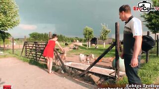 German slim amateur teens with small melons tries public sex