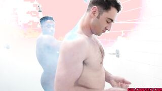 DeAngelo's hard cock looks so great slathered with jizz