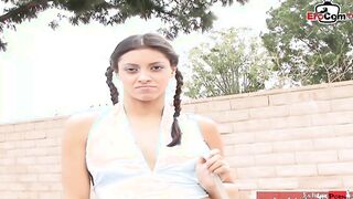 Slender dark hair Barely Legal with small melons pick up for a