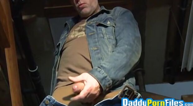 Hunk pulls his dick out to jerk off and cum hard
