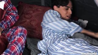 Hot blond and 2 boys camping